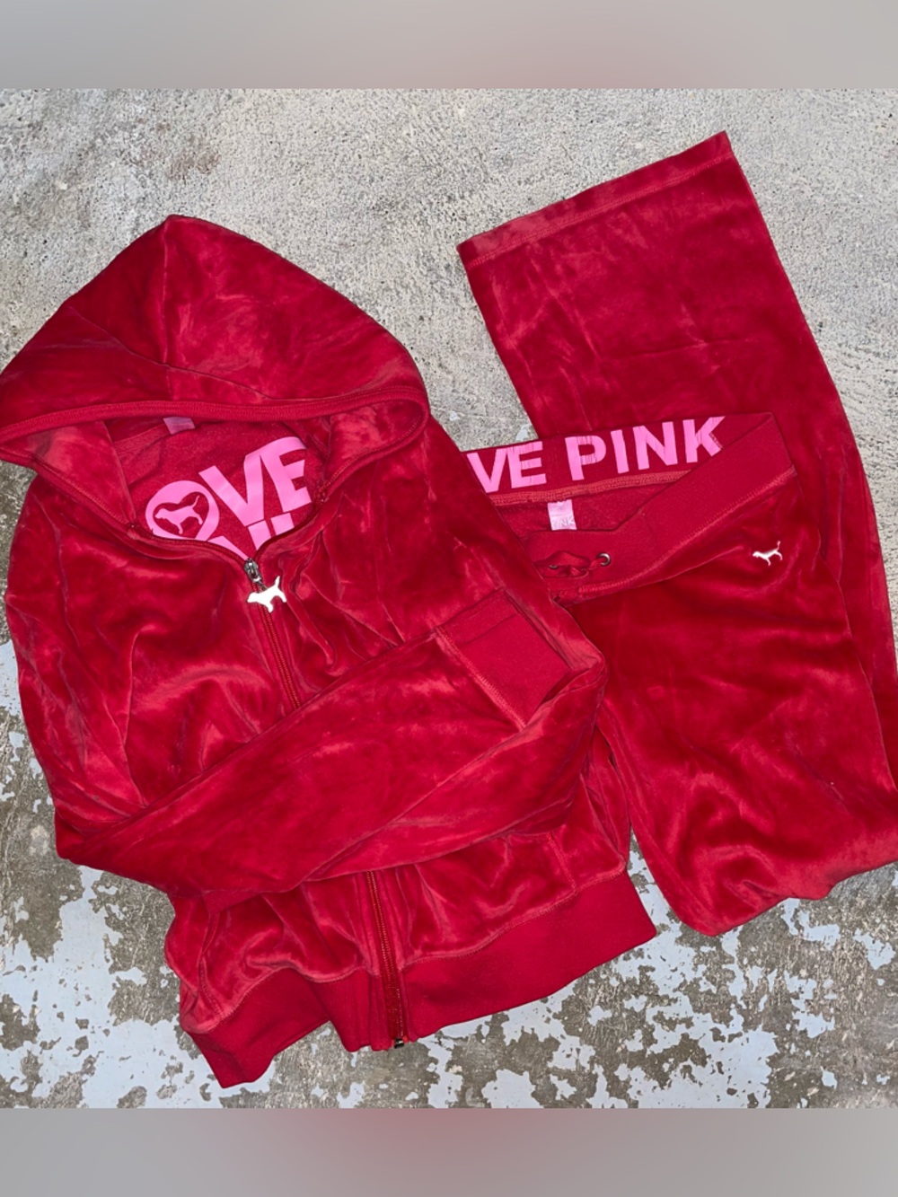 PINK Victoria's Secret Red Velour Hoodie with Dog Zipper Pull & Matching pants